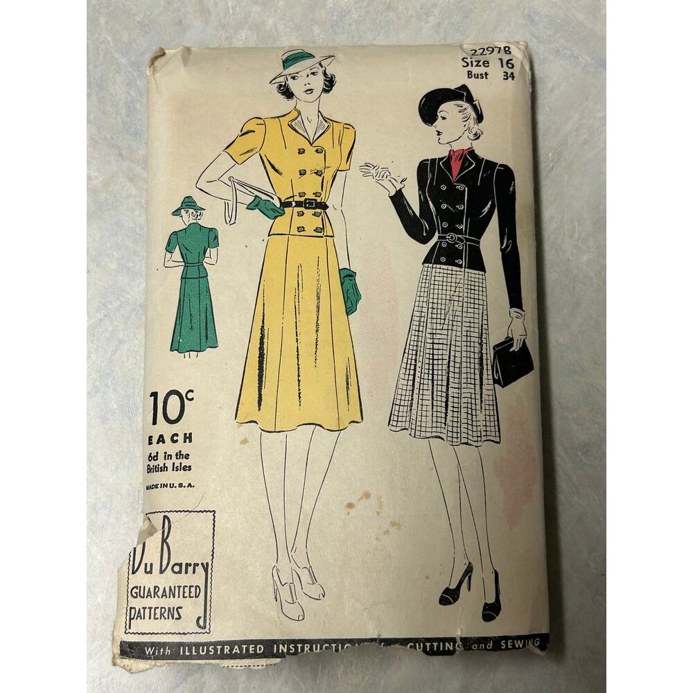 Vintage‎ 30's-40's DuBarry Pattern #2297B Women's 2 Piece Dress Size 16 HTF